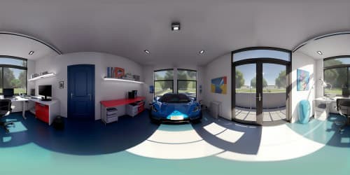 Ultra high res VR360, sleek blue Corvette collection, garage setting, glossy paint reflections, steel bar accents. VR360 masterpiece view, detailed car interiors, shiny chrome details, dynamic lighting, Pixar-style clarity.