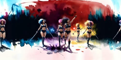 four african american women wearing black and blue leotards with thigh high boots. one woman has dreadlocks. two women are carrying flaming spears.