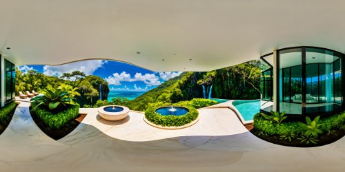 A flawlessly designed ultra high-res futuristic living space within a modern mansion, featuring all-white marble surfaces accented with lush green plants, an open ceiling revealing the vast sky, expansive windows framing a serene water garden with small cascading waterfalls, all set under a vibrant aqua blue sky that overlooks a tropical beach, embodying the epitome of a masterpiece in perfect quality.