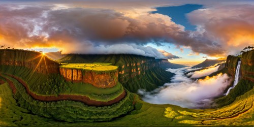 An immaculate, high-resolution depiction of the awe-inspiring Ethiopian highlands at dawn, presenting meticulously cultivated terraces, flowing waterfalls, sheer cliffs bathed in golden light, vibrant meadows, and billowing clouds.