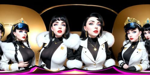  best quality, masterpiece, ultra high res, trio of 40 year old princesses_wearing white fur coats_wearing black garments_wearing gold circle earrings_wearing red lip gloss_one has blue eyes_two of them have black hair_they are squatting_close up of armpit_diamond jewelry