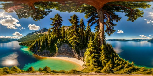 An ultra high-resolution image of a flawless, breathtaking lake on a sun-drenched day, enveloped by a lush forest of towering trees, the crystal-clear waters reflecting the azure sky in stunning detail, a true masterpiece of natural beauty.