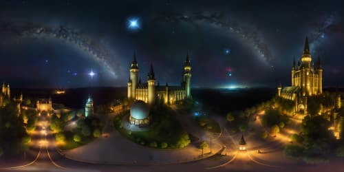 hogwarts castle grounds realistic with a starry sky and scottish banners