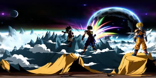 VR360, Dragon Ball Z style, ultra HD mastery, Goku pit against Vegeta. Intense energy duels, celestial battlefield, swashes of vibrant power. VR360, hair spikes silhouetted against cosmic backdrop.