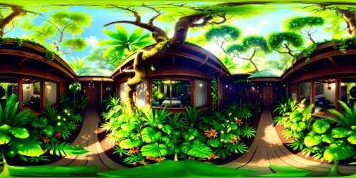 Hyper-realistic tropical rainforest, lush green canopy, oversized exotic foliage. Vivid flora, dangling lianas, thick layered undergrowth in VR360 view. Quality masterpiece, ultra-high res VR360, deep jungle hues, sun-dappled understory, tangled roots and vines.