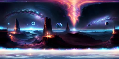 Ultra-high res VR360, masterpiece quality, interstellar bodies grandeur, celestial spheres radiance, nebulae luminescence, galaxy swirls. Photorealistic style, deep space elements, stark contrasts, intricate details, all-encompassing VR360 view.