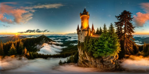 A luminous wizard's tower rising amidst a mystical forest, its crystalline windows reflecting the enchanting glow of the setting sun, surrounded by shimmering fireflies and ethereal mist, a visually stunning and meticulously detailed realm of fantastical wonder.