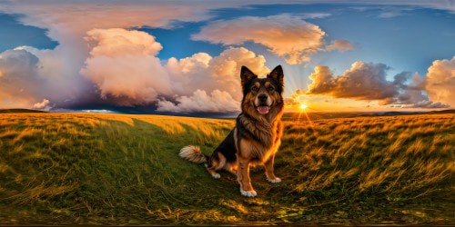 A flawlessly detailed, ultra high-resolution rendering of a majestic dog in a sprawling open field under a radiant sunset, showcasing its gleaming fur, expressive eyes, and graceful stance, portraying a breathtakingly lifelike and enchanting scene.