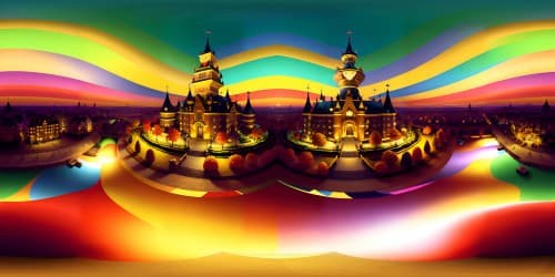 Masterpiece quality, ultra high-resolution, exuberant celebration of colors, VR360 scene. Kaleidoscope of vibrant hues, bursts of confetti in the sky, swirling ribbons. Whimsical, detailed textures, brush-stroke style, cartoonish forms, VR360 immersion. Fun, lively, Pixar-style aesthetics.