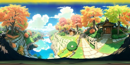 Mastery in Naruto aesthetic, Hidden Leaf Village panorama, VR360. Monumental Hokage Rock, intricate wooden structures, vibrant autumn leaves. Rich anime style, ultra-high-resolution detail, vibrant color palette. VR360 view, breathtaking Emerald landscapes, immersive cloud-filled sky.
