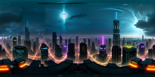 VR360 BladeRunner 2049 style, glistening multi-storied chrome fortresses, neon-lit rooftop spectacle, transparent sky-highways. VR360 futuristic skyline, ultra-detailed holographic billboards, floating projections. Rain-drenched, foggy ambience, clusters of distant skyscrapers. Hovering vehicles, high-res masterpiece, ultra-vivid.