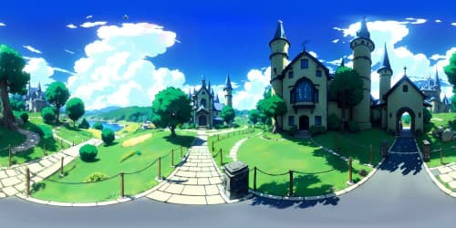 Ultra high-res masterpiece, fantasy realm, stunning VR360. Majestic castles, enchanting forests, magical creatures. Dreamy pastel skies, radiant sunsets, celestial bodies. Exceptional quality, VR360, fantasy art style.