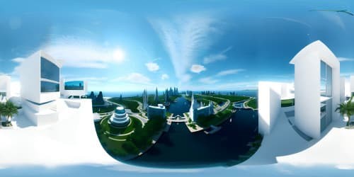 Masterpiece, ultra high-res VR360, pristine white buildings, sculpture-like architecture, immaculate detailing, VR360 cityscape view, opalescent sky backdrop