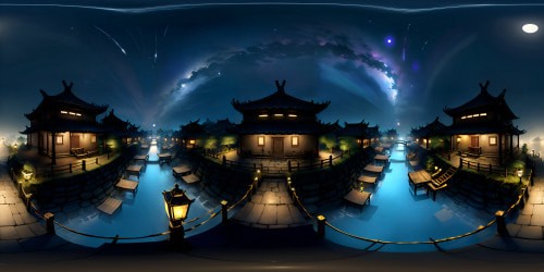 Ancient Chinese village under starlit night, ink-black rooftops, rustic cobblestone paths, glowing paper lanterns. Majestic willows silhouetted, moonlit river reflections. Traditional art-style, ultra high-res VR360 Chinese ink wash painting aesthetics, brushstroke finesse. Masterpiece VR360 charming Eastern charm, dreamy night scene.