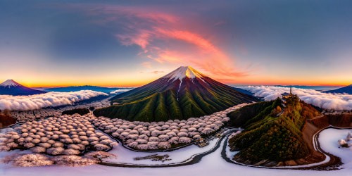 Majestic Mount Fuji at sunrise, snow-capped peak, picturesque cherry blossom forest, peaceful reflective lake, vibrant hues in the sky, ultra high resolution capturing every detail flawlessly.