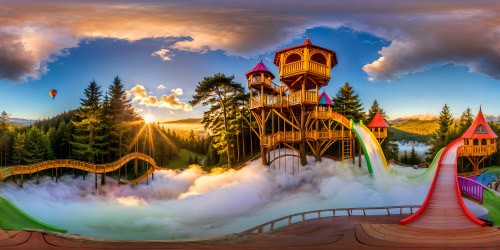 An enchanting fantasy playground with towering rainbow-hued slides, whimsical treehouses, oversized vibrant flowers, and a sunlit meadow under a magical golden hour sky, a dreamy haven for laughter and play in ultra high resolution perfection.