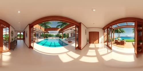 Ultra high-res VR360 panorama, masterpiece-level detailing, luxury beachfront villa, exotic tropical gardens, pastel sunset hues. Infinity pool edges fading into the ocean. Pixar-style lushness, sparkling reflection effects.