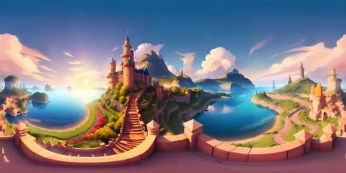 Ultra high resolution VR360, twilight-kissed castle grandeur. Masterpiece quality, detailed castle edges. VR360 panoramic view, silhouette of castle against setting sun. Fantasy art style.