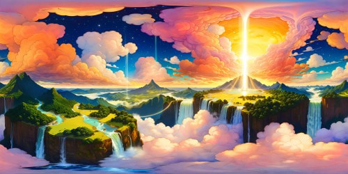 An ethereal celestial vista of an otherworldly paradise, cascading crystal waterfalls, radiant golden light piercing through billowing clouds, majestic iridescent skies, and sprawling heavenly landscapes stretching into infinity.