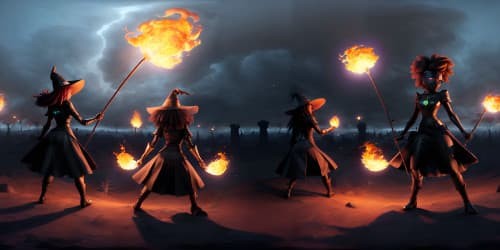 three african american female witchs flying through the sky throwing fireballs. one witch has dreadlocks. all are wearing black outfits'. one witch has red hair.sexy girls.