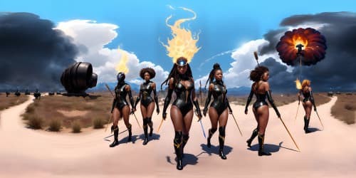 four african american women wearing black and blue leotards with thigh high boots. one woman has dreadlocks. two women are carrying flaming spears.