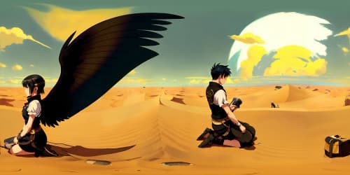 a man with HUGE black-feather wings (kneel down on desert ground) DIM environment 