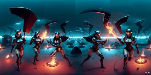 five evil female angels wearing black leotards with red trim_they have golden wings_the women have gold halos over their heads_one woman has dreadlocks_two of the women are  african american_they are flying_one woman is carrying a flaming green hammer.