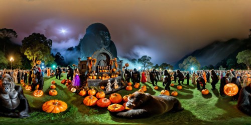 An intricate, ultra high-resolution scene featuring a massive Halloween party with gorillas, monkeys, and jokers in a dazzlingly detailed and whimsical graveyard under a moonlit sky, intricate spooky decorations, misty atmosphere, exquisite textures capturing the essence of the surreal festive night.