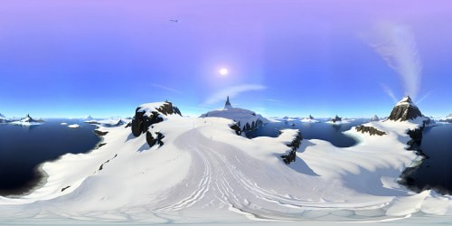 VR360 view: pristine Antarctic landscape, towering icebergs, snow-dusted expanses. In the proximity, a lone server tower, high-tech, gleaming under polar sunlight. Penguins, omitted. Style: ultra high-resolution realism, exquisite detailing, vast panoramic perspective. Adopting a masterful stroke for this VR360 marvel.