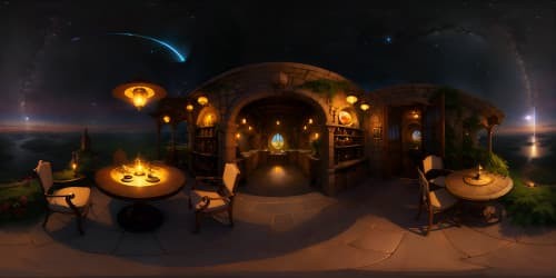 Ultra high-res VR360 magic, ethereal swirling colors, grand wizard's tower, witch's hut nestled in haunting forest, fantasy style, glimmers of enchanted artifacts, mystical orb radiance, masterpiece skybox, spellbinding celestial bodies, animated constellations.