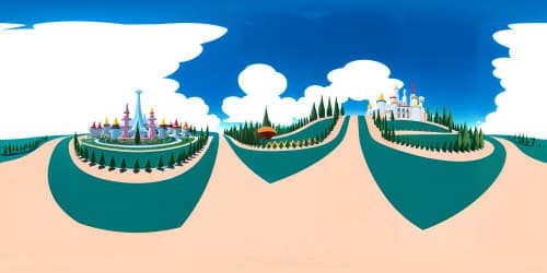 VR360, Springfield's iconic landmarks, Simpsons-style pastels and bold lines, exaggerated forms, endless blue sky above. VR360, evergreen terrains, cloud puff sculptures.