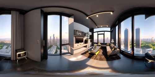Masterpiece-style VR360, opulent loft apartment, ultra high-res cityscape vista, multi-level staircase, sleek, modern interior decor, floor-to-ceiling windows, breathtaking VR360 panoramic urban skyline.