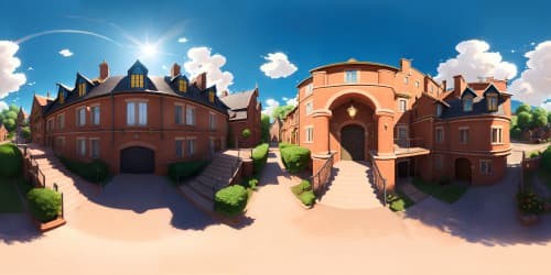 Masterpiece-quality, ultra HD resolution, French fire station VR360. Distinctive architecture, contrasting brick and steel materials, spiraling fire escape ladder. Clear blue sky with wispy clouds, low-angled sunlight casting long shadows, panorama of surrounding cityscape, VR360. Suggestive of Pixar-style rendering.