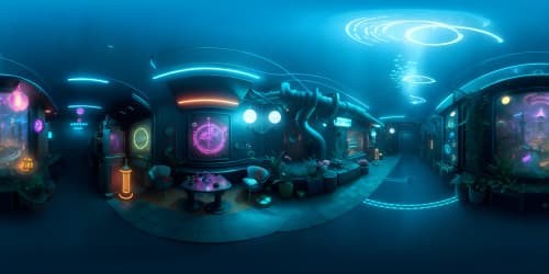 grand underwater city, neon signs, holographic imagery, water reflections, VR360 BioShock-inspired scene. Depth perception, 4K resolution, VR360 sharpness, ultra-high-definition textures. Style: Fine art, photorealism, surrealism blend.