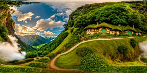 A picture-perfect hobbit village harmoniously blending into lush, undulating emerald hills, each home adorned with vibrant round doors and detailed thatched roofs, flickering lantern lights casting a cozy glow, wisps of smoke spiraling from charming chimneys in this flawless ultra-high-resolution panorama.