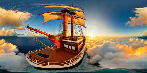 A flawless, ultra-high-resolution digital masterpiece capturing the Going Merry ship's grandeur as it sails across the gleaming, sun-kissed ocean, every plank and sail meticulously detailed under the brilliant sun's glow, a perfect digital artwork of maritime perfection.