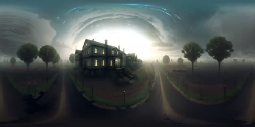 Ultra high-resolution VR360, masterpiece of Silent Hill inspired ambiance, misty landscapes, thick fog, decaying structures, ominous night sky overrun by dark clouds. Style: photo-realistic with a touch of horror, eerie glow from the moon. 