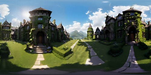 VR360 of a towering, sinister mansion, ancient stone architecture, crawling ivy. Surrounded by ominous, towering mountain peaks, dense, mysterious forest at the foot. Ultra high-res, gothic art elements, haunting VR360 immersive panorama. Grand scale, atmospheric intensity. Masterpiece quality detail, intricate shadows.