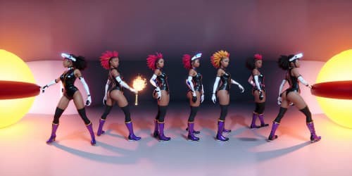 four african american women wearing leotards with red thigh high boots.  one woman has dreadlocks. one woman is topless. she has a large mace.