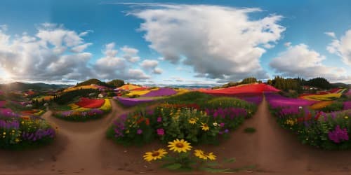 VR360 masterpiece, ultra high-res. Hillside vantage, panorama of vibrant flower field, red-blue-purple-orange-pink-yellow. Horizon boasting setting sun, VR360 skyview.