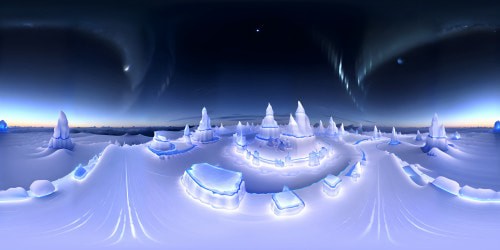 Masterpiece realm, ultra-high resolution. VR360 ice fortress, crystalline structures. Glacial beauty, frost-kissed cobalt blue. Incandescent ethereal light, cool atmosphere. Pixel-style stars, pearl-white moon, iridescent northern lights. VR360 panoramic view, serene, distant icy mountains. Artistic blend, Pixar-style charm, digital art precision.