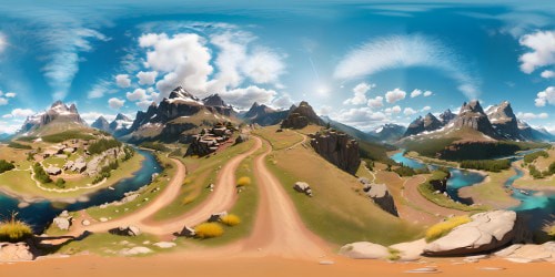 Ultra high-res realism, masterpiece in VR360. Mountain summit vantage point, sweeping valley view, meandering river. Distant snow-capped peak, feather finesse, vibrant plumage. Exotic canopies, sun-kissed emerald dapples. VR360 intricate mountain panorama, subtleties, grandeur. Infinite backdrop, valley immersion.