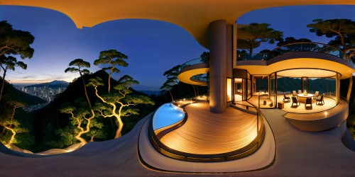 view from the balcony of an ultra futuristic Edo-modern inspired home on a densely forested hill of Japan, at dusk. other ultra futuristic luxury Edo-modern homes can be seen nestled among the hills in the foreground and in the distace, the warm light from the glowing like candles. Tranquil, uplifting atmostphere.