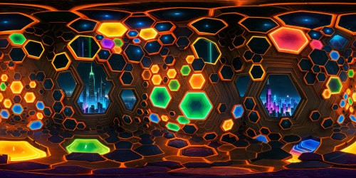 Intricate hexagonal neon cityscape glowing in ultra high resolution, a stunning masterpiece of vibrant colors and dynamic 3D realism, capturing every pixel-perfect detail in a flawless 4K display.