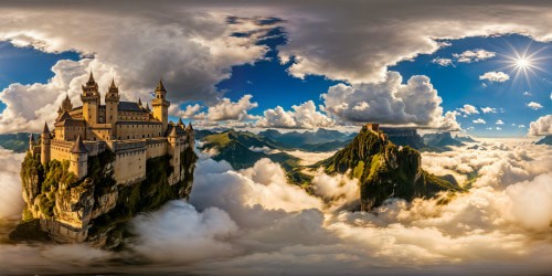 Majestic ancient floating citadel above the billowing clouds, gleaming in ethereal light, intricate stone carvings, sweeping vistas of endless skies, ultra-high-resolution detailing, an airborne masterpiece.