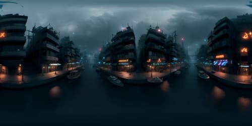 Ultra-high-res VR360, masterpiece quality, intricate cityscape criss-crossed by shadowy canals. Mysterious boats, palpable danger. Style: Film Noir