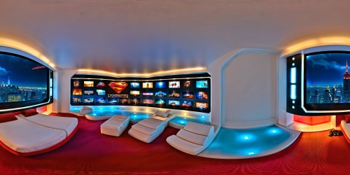 A luxury room resembling a sleek cinema, carpeted with vibrant blue neons, furnished with a capsule bed and modular white furniture, showcasing VHS tapes, "Terminator 2", "Superman", and "Nightmare on Elm Street" posters. A massive white cinema screen dominates a crystal windowed wall, offering a rainy night cityscape veiled in mist, concealing buildings and car lights, a flawless, high-resolution masterpiece.