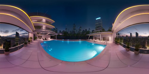 VR360 ultra-high resolution, rooftop pool view, city's vibrant nightlife below. Star-studded sky overhead, twinkling city lights, skyline silhouettes. Tint of neon, reflection on pool water. Style: digital realism, meticulous detail, masterpiece quality. Perfect VR360 night cityscape.