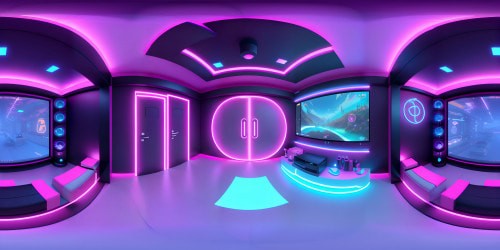 VR360 gaming room, luxurious detailing, high-tech gear, neon lighting effects. High-res, masterpiece quality assets. VR360 Pixar-style, 3D cartoonish textures. Interactive, hi-tech gaming consoles, VR gear. Sleek, futuristic furniture, vibrant LED screens. Ultra-modern aesthetics.