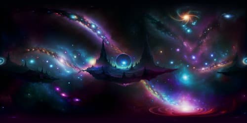Masterpiece quality, ultra-high-resolution VR360, uncharted galaxies. Stellar nurseries, pulsating quasars, spiraling nebulae in vibrant hues. Interstellar dust clouds, swirling light years apart. Cosmic artistry, unseen human eye. Pixar-style vibrancy, crisp lines, saturated colors. Enhanced reality, detailed VR360 cosmic panorama.